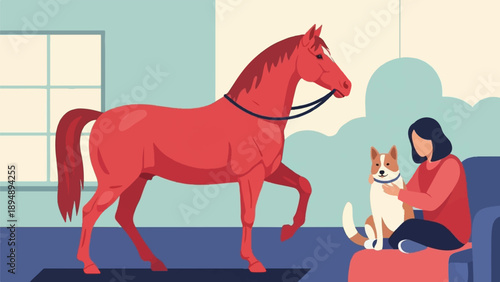 A woman sits with her dog while a large red horse stands nearby