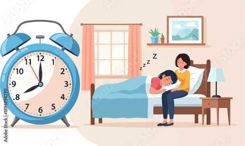 A woman sits by a sleeping child as a large alarm clock looms