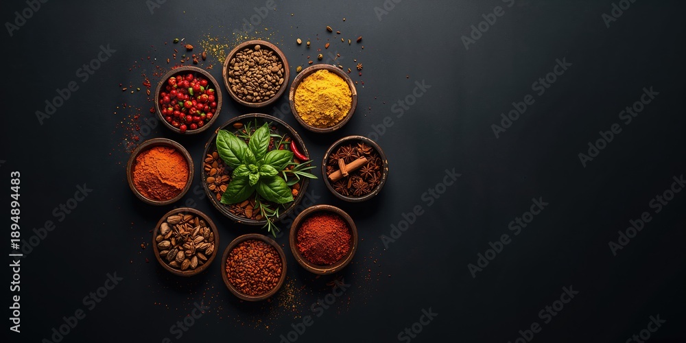 Fototapeta premium Assorted spices arranged on dark surface to illustrate ingredient variety and seasoning techniques, International Spice Day