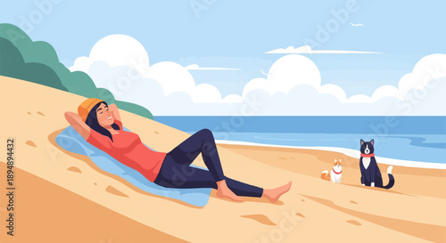 A woman relaxes on a beach towel with her dogs nearby under a cloudy sky