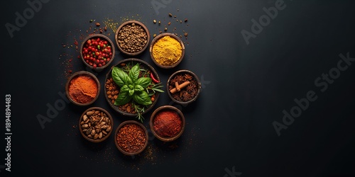 Assorted spices arranged on dark surface to illustrate ingredient variety and seasoning techniques, International Spice Day © TheWaterMeloonProjec