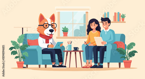 Anthropomorphic dog therapist counsels a couple in a cozy living room