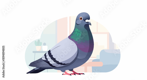 A stylized pigeon with iridescent neck feathers sits calmly in a room setting