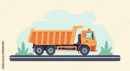 A stylized orange dump truck on a dark road with plants and clouds