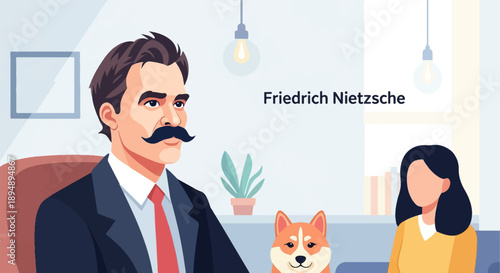 A stylized portrait of a man with a mustache, a dog, and a woman in a room