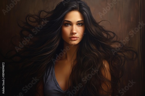 Woman with long, luscious brown hair framing her face, posing in a realistic digital painting