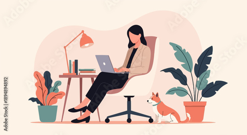 A woman works on a laptop at a desk with plants and a dog nearby