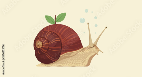 A stylized snail with a spiral shell, two leaves on top, and bubbles