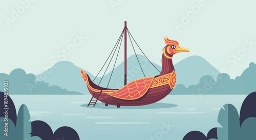 A stylized Viking ship with a bird-like prow sails on tranquil waters