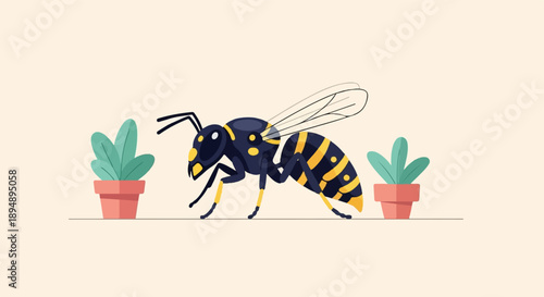 A stylized wasp with yellow and black stripes stands between two potted plants