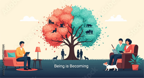 A stylized tree with red and green foliage, depicting life's journey and connections