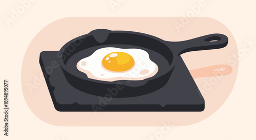 A sunny-side-up egg in a cast iron skillet, presented on a pale background
