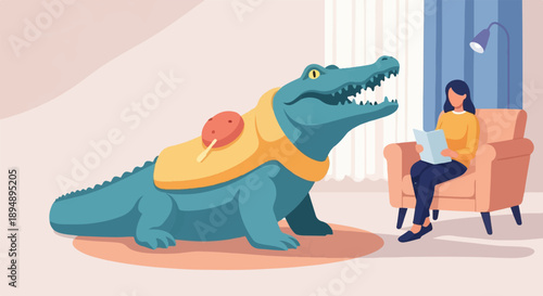 A surreal scene shows a large blue alligator with a lollipop on its back next to a woman reading