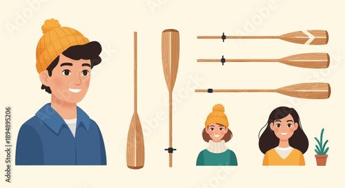 Cartoon depiction of two individuals, paddles, and potted plant