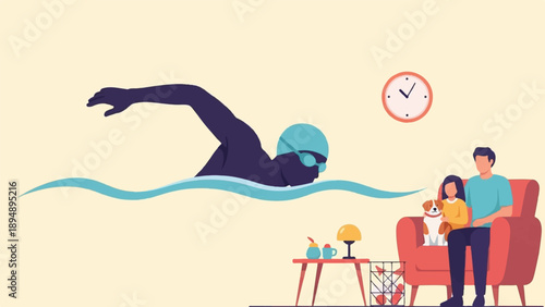 A swimmer in water, a family with a dog on a sofa, and a clock