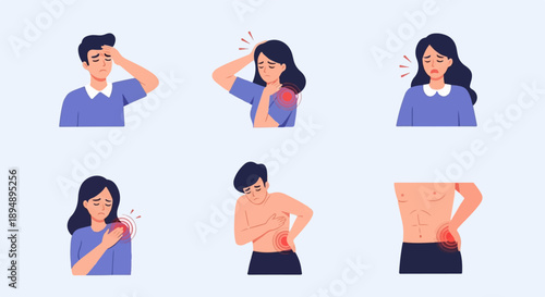 Cartoon depictions of people experiencing various ailments and pain