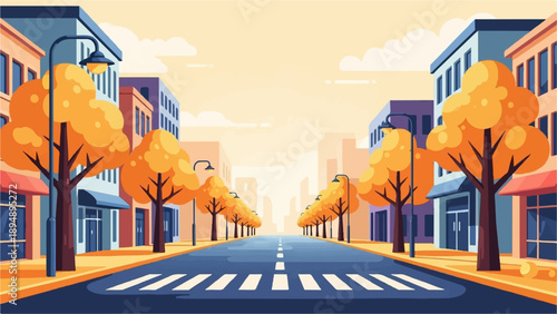 A symmetrical street lined with buildings and autumn trees