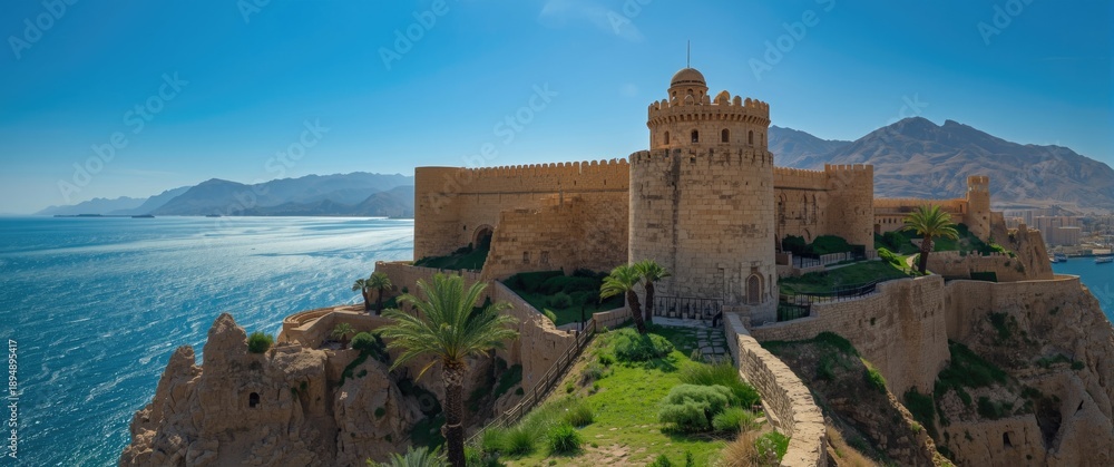 Fototapeta premium Historical fort atop coastal mountains in Muscat, Sultanate of Oman featuring sky, travel, nature, city, tree, landscape, beauty, mountain, palm tree, old