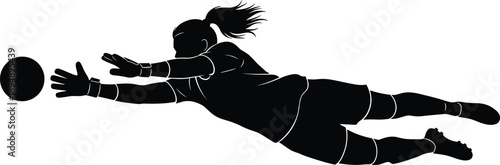  Female soccer goalkeeper diving save silhouette, powerful goal defense action, professional women football match moment, athletic reflex and agility, dynamic black vector illustration