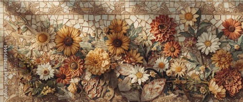 Irregular mosaic design showcasing blooming chrysanthemums
