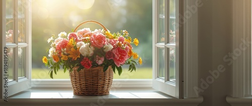 Vibrant flowers in a basket on a window sill forming a lively scene