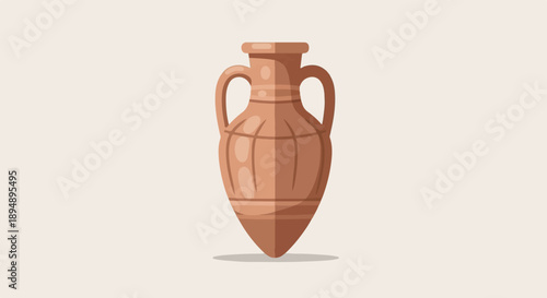 A terracotta amphora stands on a light cream background