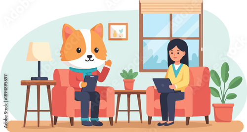 Cartoon dog and person in cozy room with laptops, plants, and window