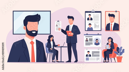 Business meeting with candidates and resumes displayed on wall