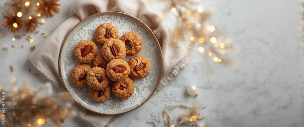 Fototapeta premium Bird's eye view of traditional Arabic Eid-al-Adha and Eid-al-Fitr semolina maamoul cookies with dates, walnuts, and pistachios