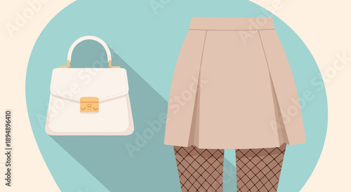 Beige skirt, white purse and patterned tights on a pastel background