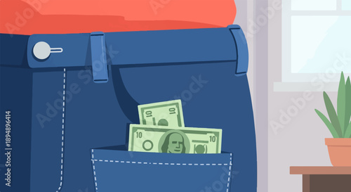 Bills peeking out of denim pocket