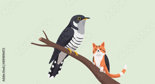 Bird and cat perched on a branch with a pale green background