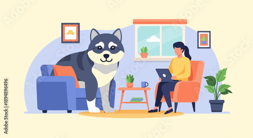 A woman works on a laptop while a dog sits on a couch in a cozy living room