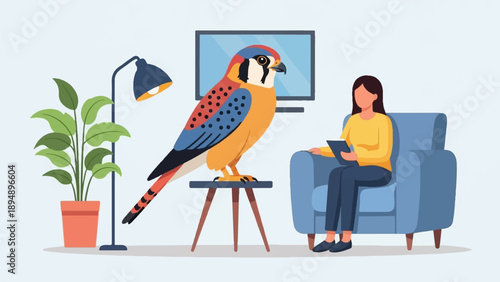 Bird perches near woman in armchair with tablet in cozy room