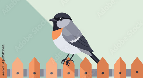 Bird perched on a wooden fence in a garden with a pale green background