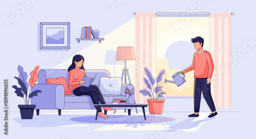 A woman reads on a couch as a man waters a plant in a sunlit room