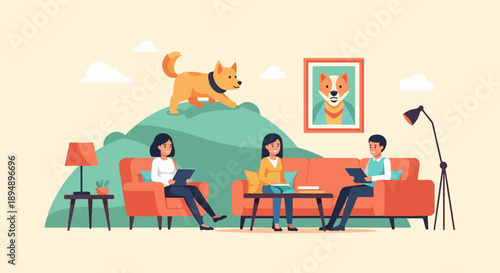 Cartoon illustration of a dog on a hill above people on couches