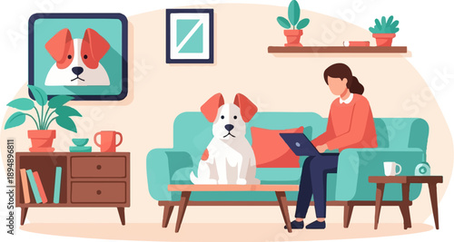 A woman works on a laptop while her dog sits nearby in a cozy, modern living room