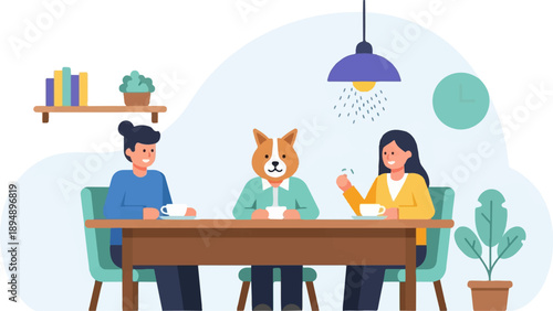 Anthropomorphic dog and two people share coffee at a table indoors