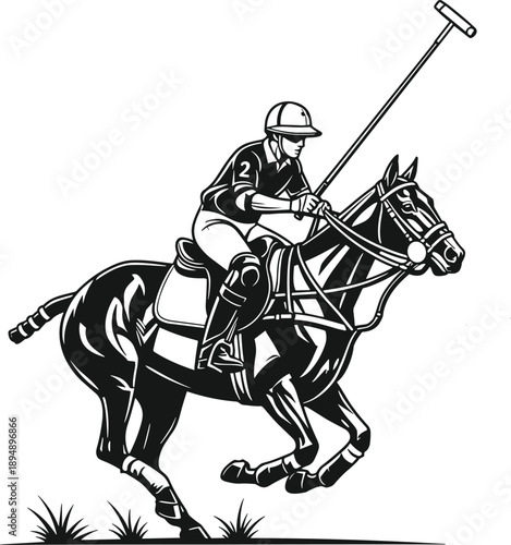 Polo player riding horse silhouette illustration, professional equestrian sport action, mallet swing and speed, competitive team game concept, black vector artwork