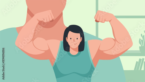 A woman's head and shoulders appear to be emerging from a pair of muscular arms