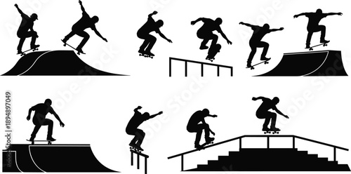  Skateboarder silhouette trick collection at skate park, street skating ramps rails and stairs, dynamic extreme sports motion, urban lifestyle, black vector illustration set