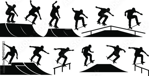  Skateboarder silhouette trick sequence at skate park, street skateboarding ramps and rails, dynamic extreme sport action, urban youth culture, black vector illustration
