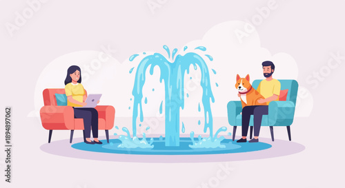 A woman on laptop, a man with dog, beside a fountain