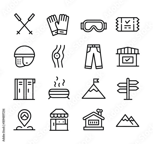 Collection of black and white vector icons representing winter sports and activities.