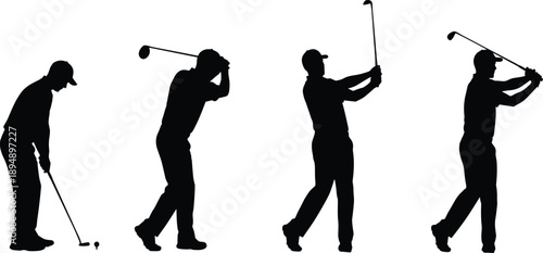  Golfer silhouette swing sequence, professional golf shot phases, athletic motion and precision, outdoor sport activity concept, black vector illustration design