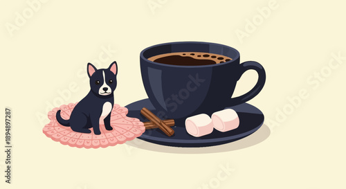 Adorable black and white dog sits on a pink doily next to coffee
