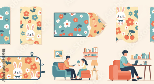 Adorable cartoon bunnies and cherry blossoms adorn various items and scenes