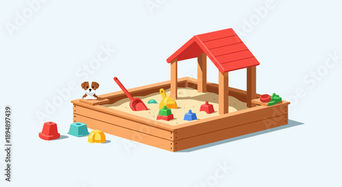 A wooden sandbox with toys and a small dog sits on a light blue background