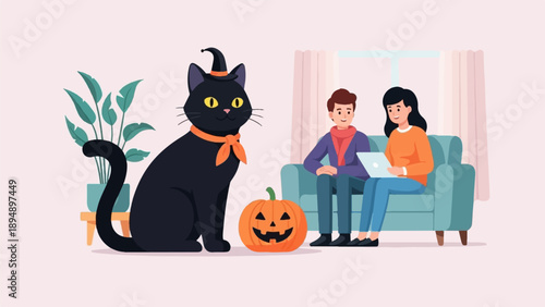 Black cat, carved pumpkin, and couple relaxing on couch indoors